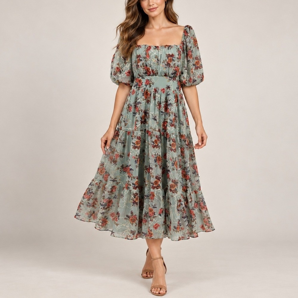Baltic Born Annabeth Midi Dress M Eucalyptus Floral Smocked
